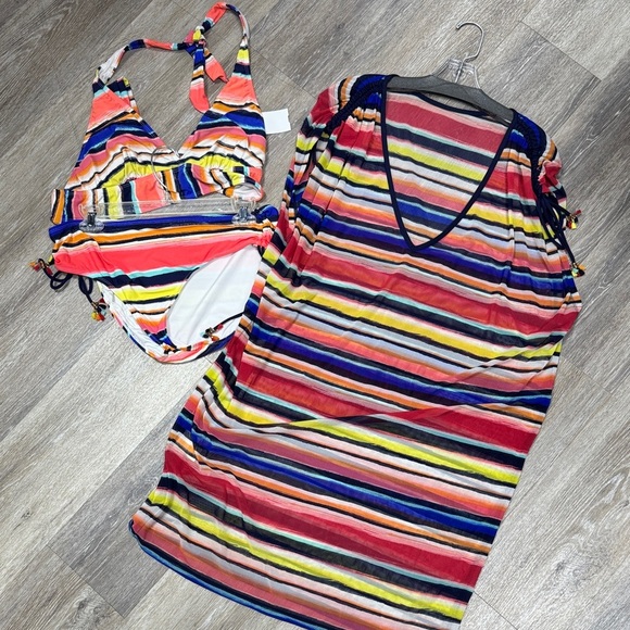 Anne Cole Other - Striped Multicolor Swimsuit and Cover-Up three piece Set